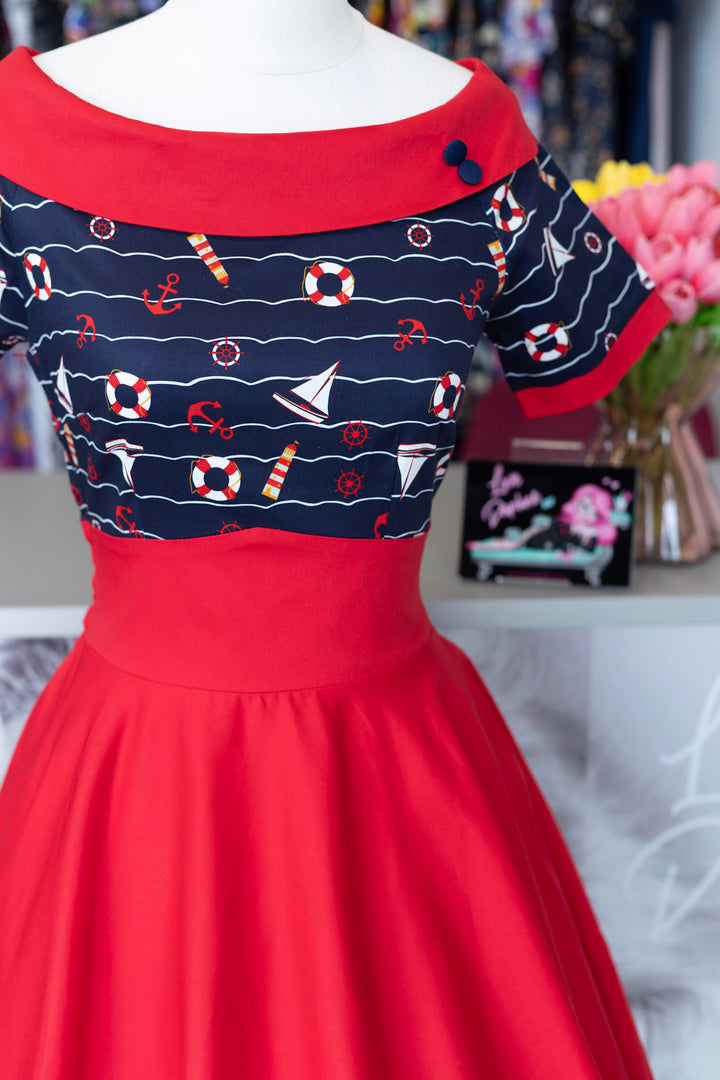 PREORDER - Darlene Navy Blue & Burgundy Nautical Swing Dress - Expected dispatch 25th of June