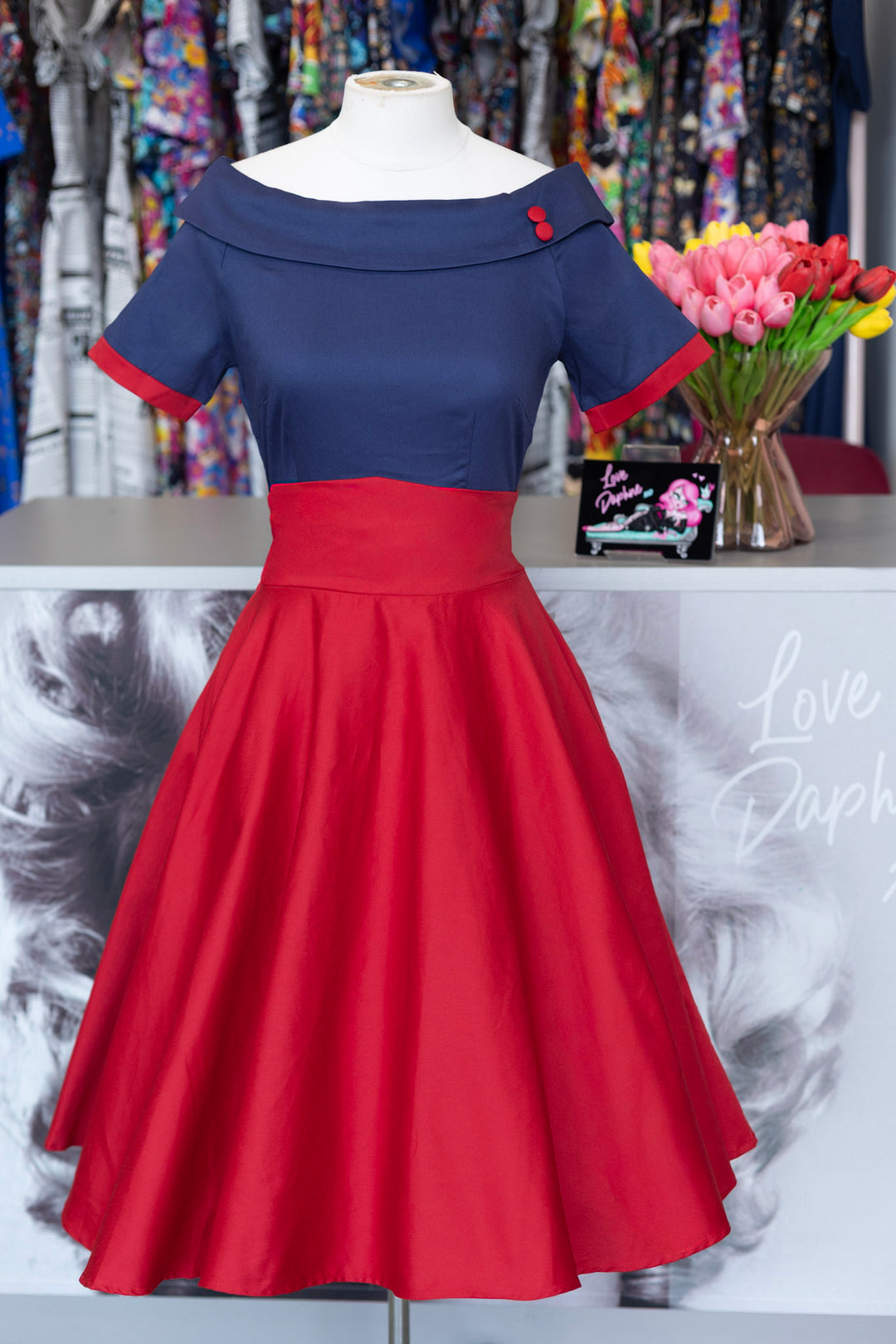 PREORDER - Darlene Navy Blue and Red Nautical Swing Dress - Expected dispatch 25th of June