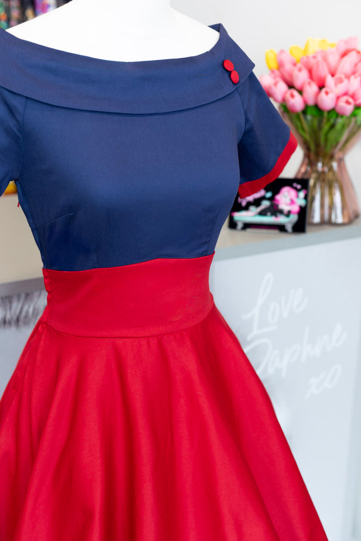 PREORDER - Darlene Navy Blue and Red Nautical Swing Dress - Expected dispatch 25th of June
