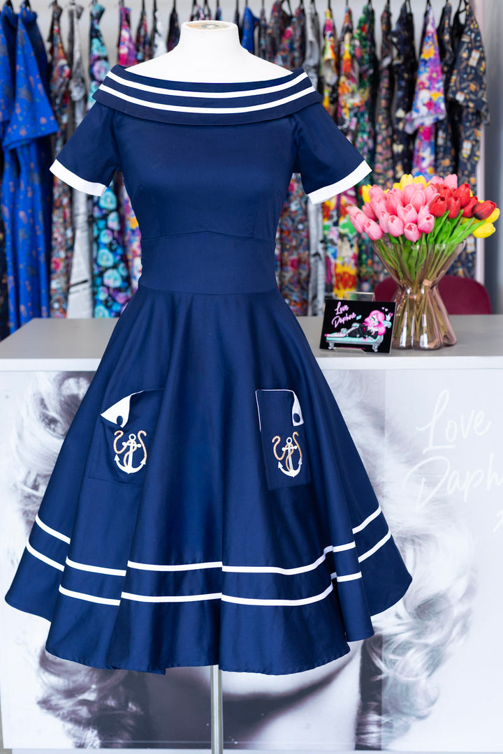 PREORDER - Darlene Navy Embroidered Anchor Dress - Expected dispatch 7th of July