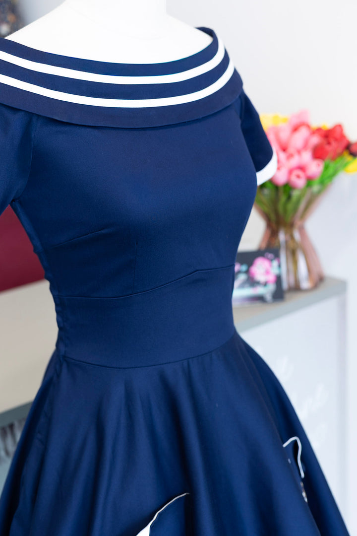 PREORDER - Darlene Navy Embroidered Anchor Dress - Expected dispatch 7th of July