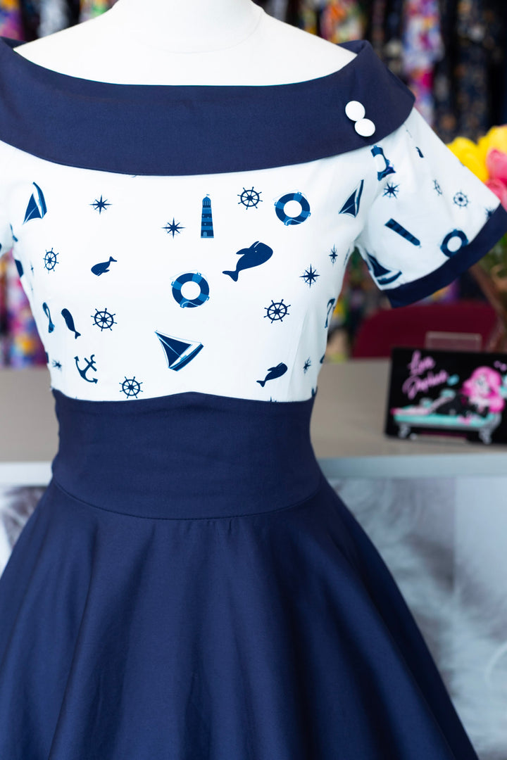PREORDER - Darlene Navy And White Nautical Swing Dress - Expected dispatch 25th of June