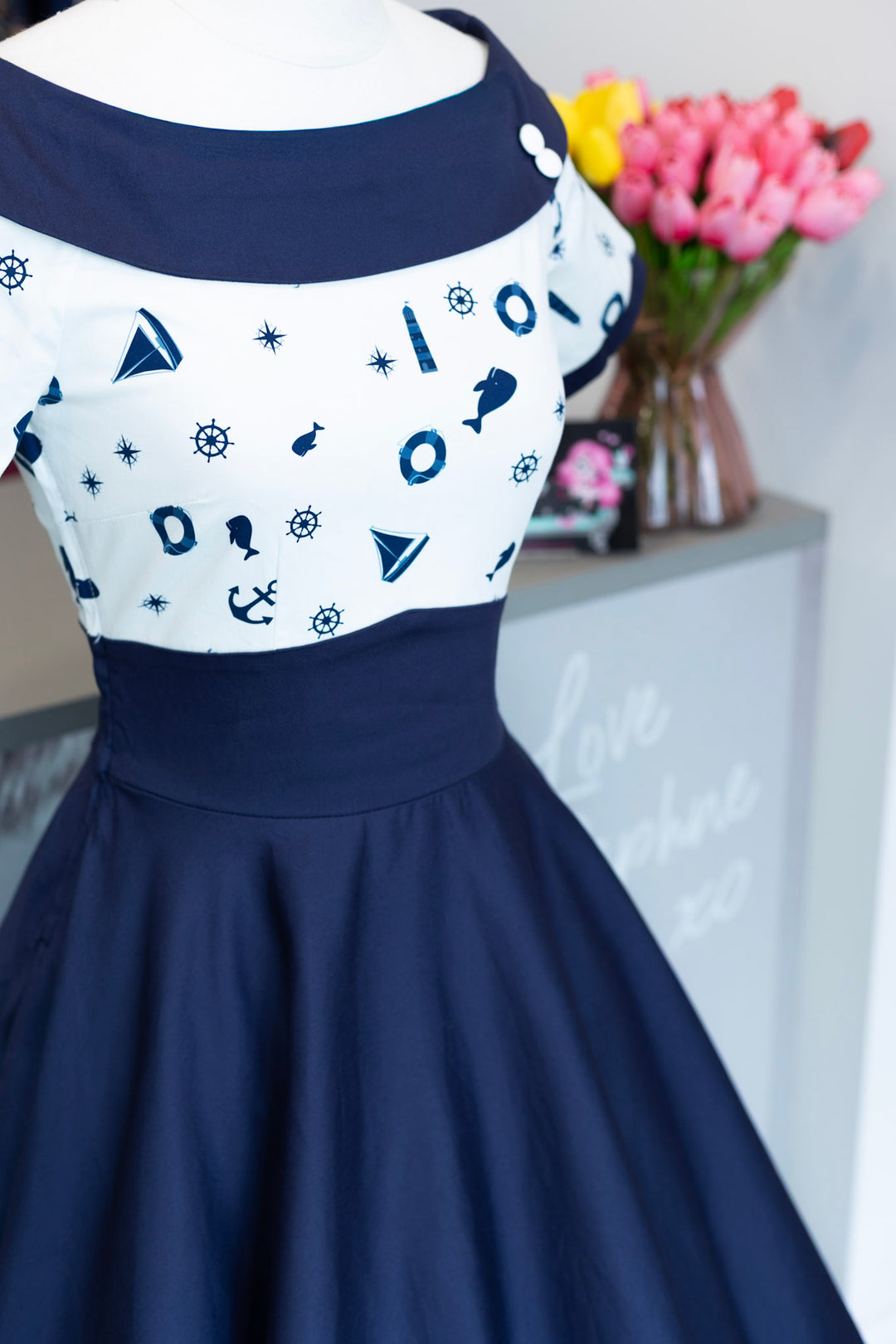PREORDER - Darlene Navy And White Nautical Swing Dress - Expected dispatch 25th of June