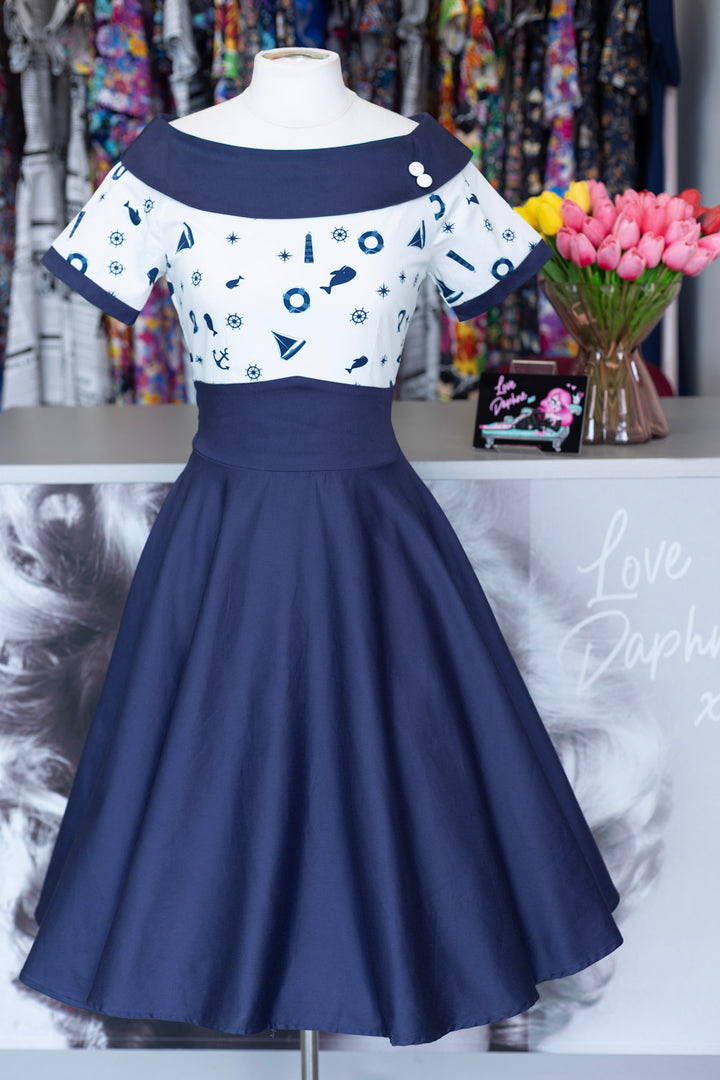 PREORDER - Darlene Navy And White Nautical Swing Dress - Expected dispatch 25th of June
