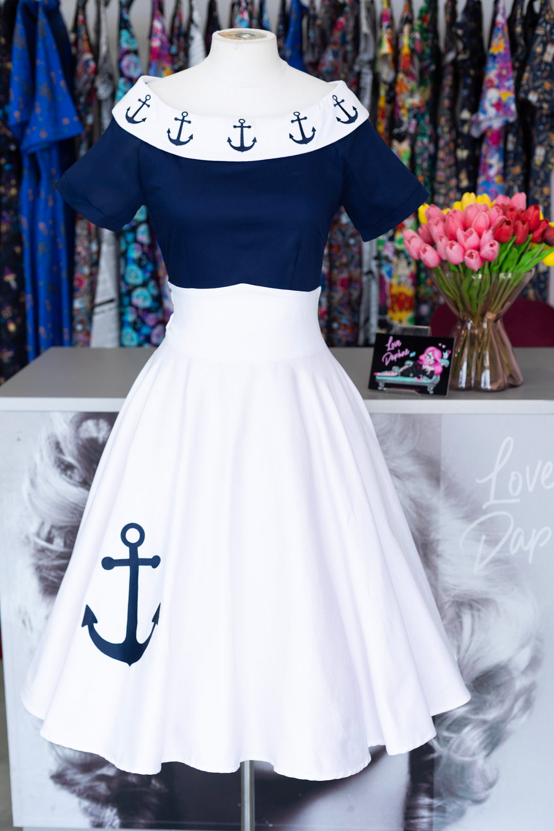 Darlene White Anchor Nautical Swing Dress
