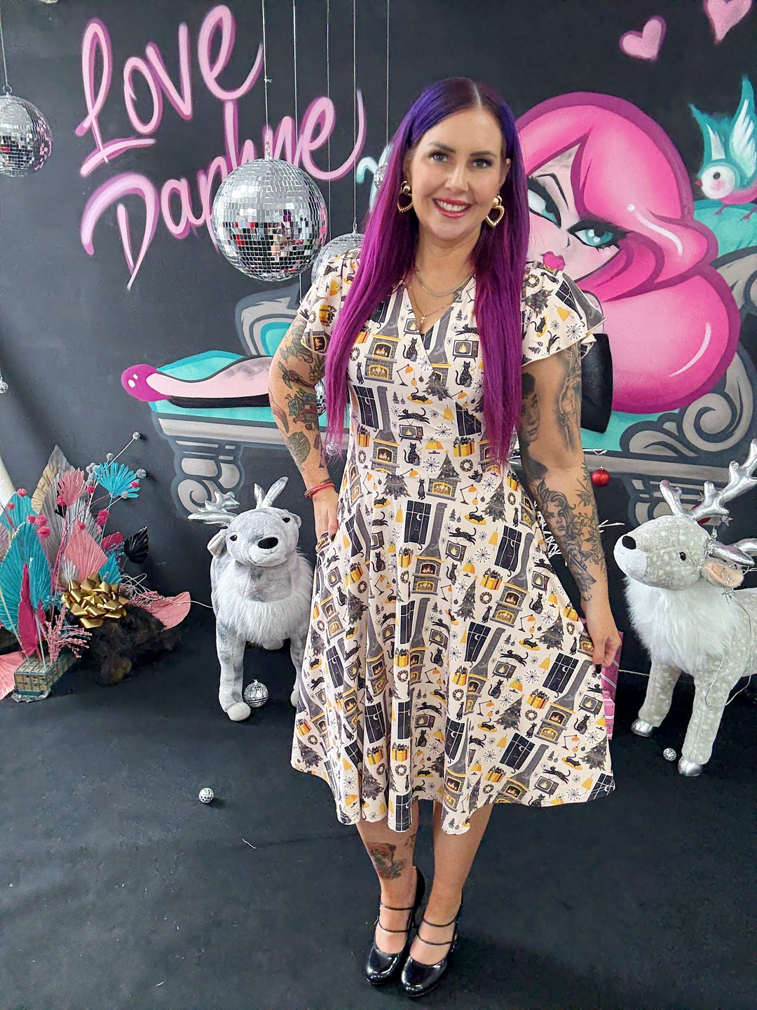 INSTOCK - Mimi Swing Dress - Retro Cats Christmas
