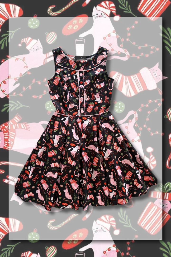 PREORDER - Elizabeth Dress in Holiday Cats - Estimated dispatch 29th of October