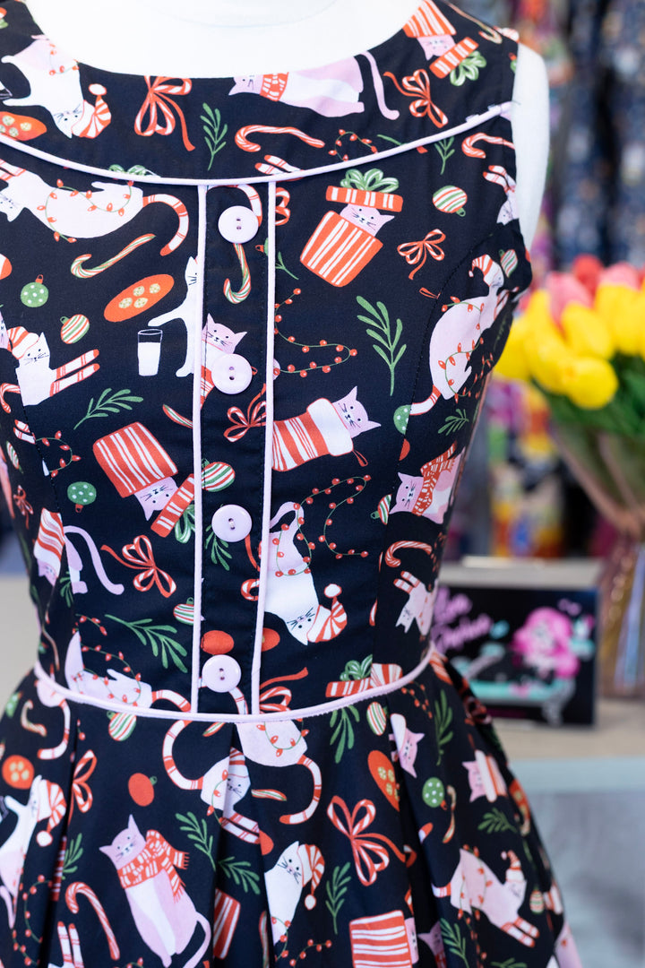 PREORDER - Elizabeth Dress in Holiday Cats - Estimated dispatch 12th of November