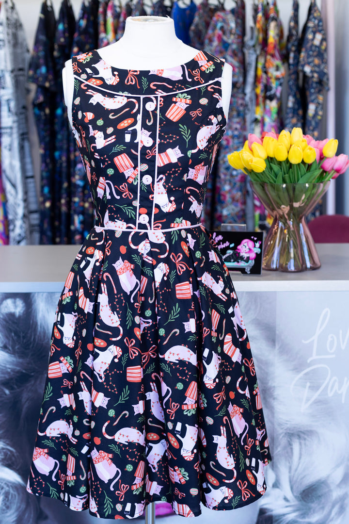 PREORDER - Elizabeth Dress in Holiday Cats - Estimated dispatch 12th of November