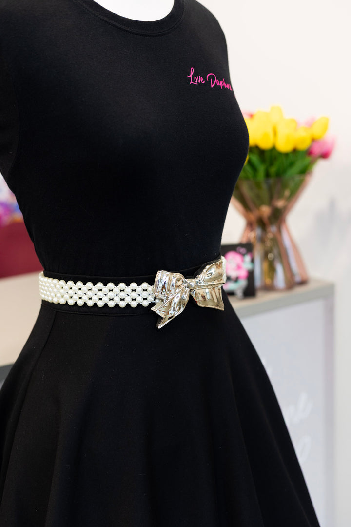 Faux Pearl Metal Ribbon Stretch Belt