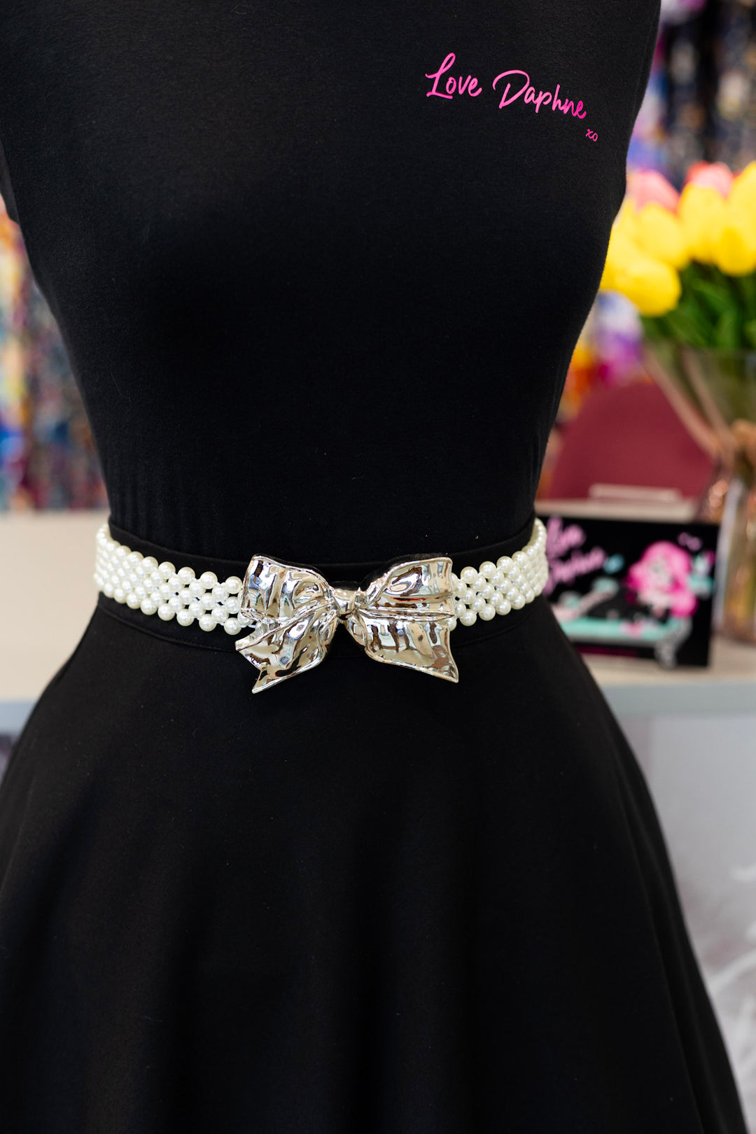 Faux Pearl Metal Ribbon Stretch Belt