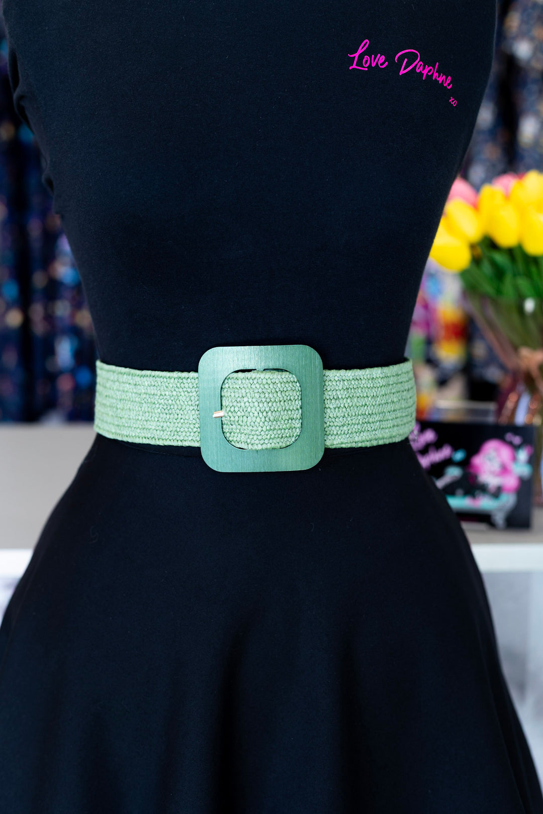 Faux Straw Elastic Belt - Green