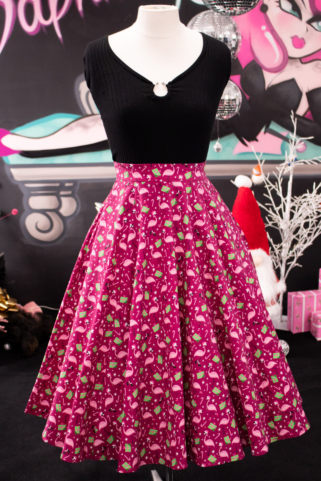 INSTOCK - Iris Swing Skirt - Flamingo Christmas