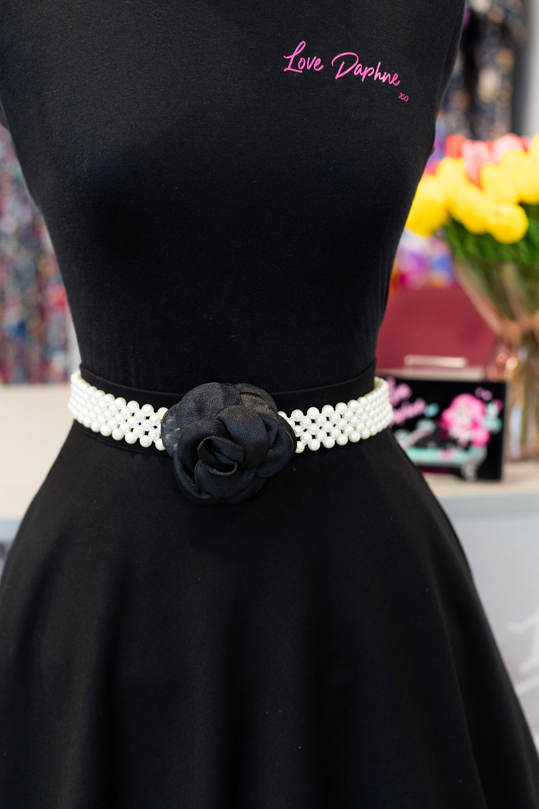 Flower Stretch Pearl Belt - Black