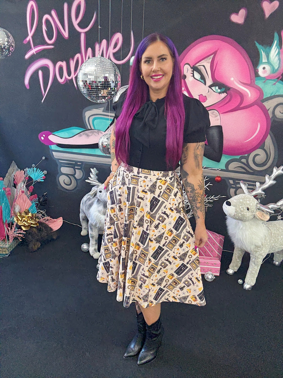 INSTOCK - Eden Skirt - Retro Cats Christmas