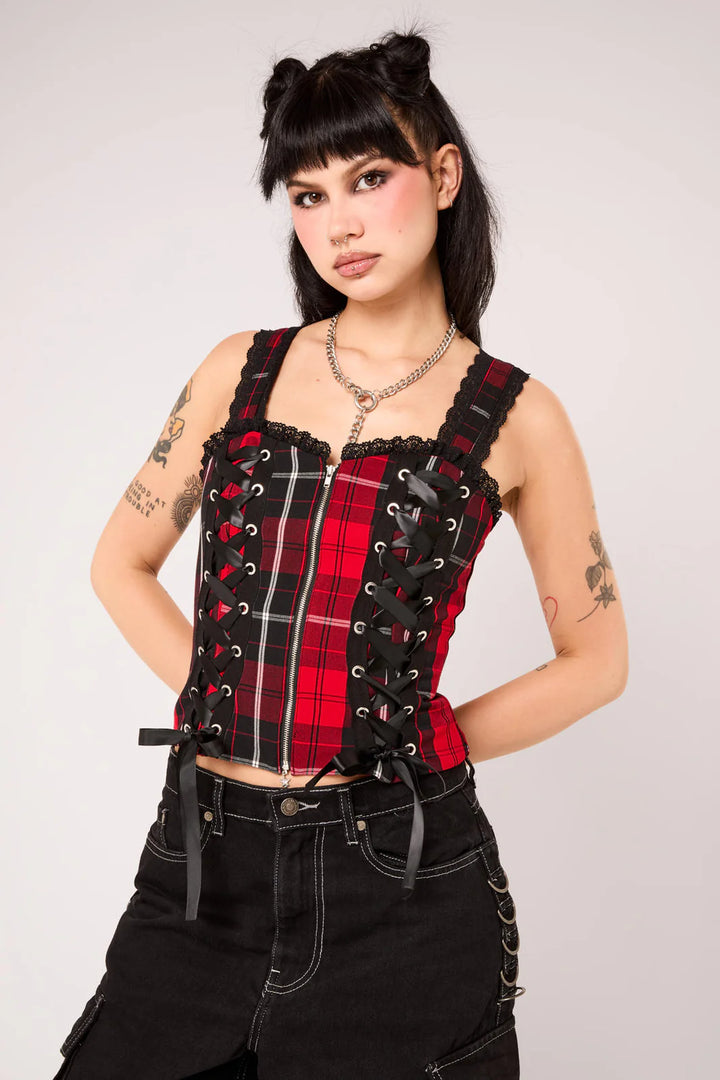 PREORDER - Red Tartan Quinzel Y Top - Estimated dispatch date 14th of July