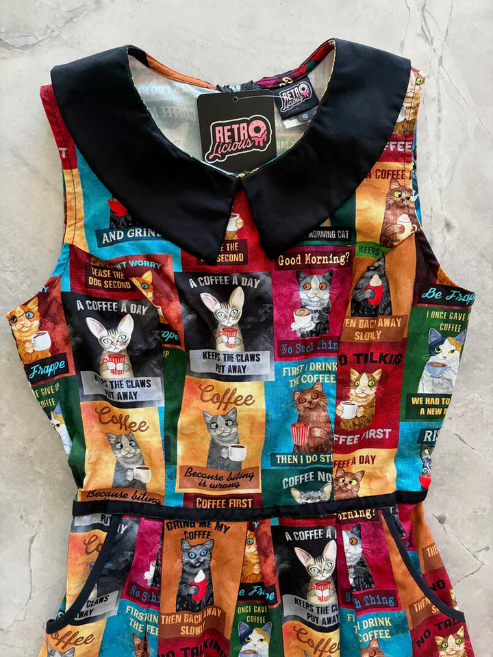 PREORDER - Cats & Coffee Collared Dress - Estimated dispatch 24th of February