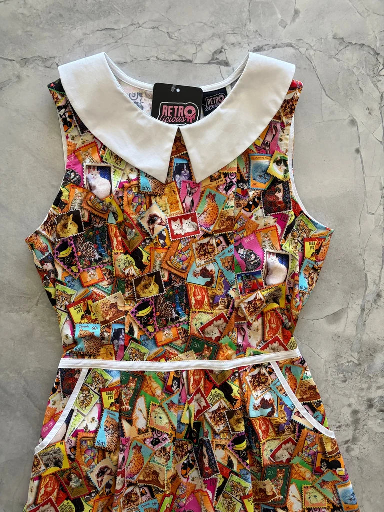 PREORDER - Cats Stamps Collared Dress - Expected dispatch date 3rd of September