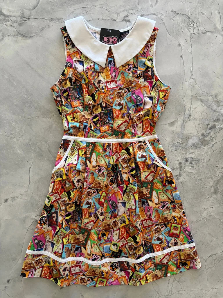 PREORDER - Cats Stamps Collared Dress - Expected dispatch date 3rd of September