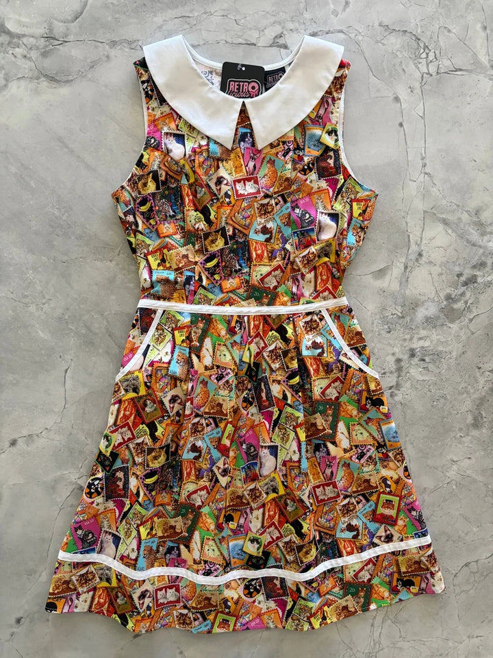 PREORDER - Cats Stamps Collared Dress - Expected dispatch date 3rd of September