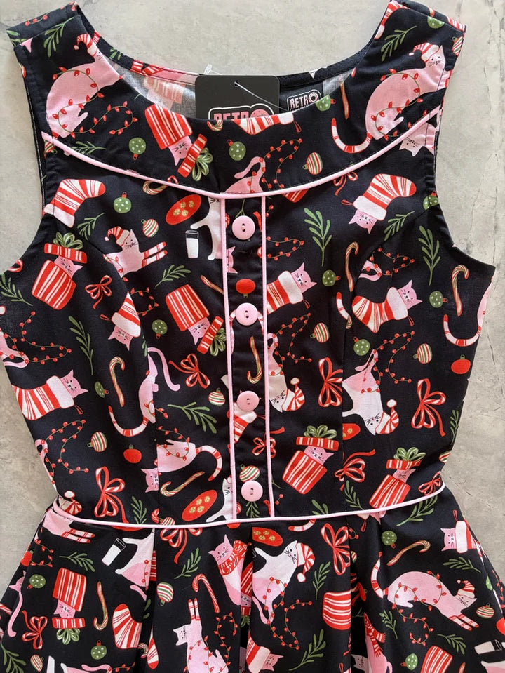 PREORDER - Elizabeth Dress in Holiday Cats - Estimated dispatch 29th of October