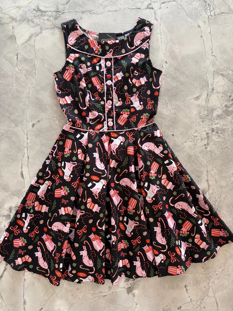 PREORDER - Elizabeth Dress in Holiday Cats - Estimated dispatch 29th of October