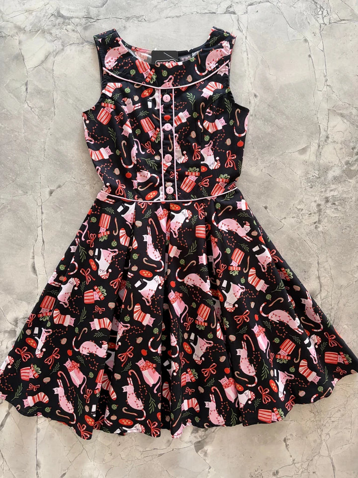 PREORDER - Elizabeth Dress in Holiday Cats - Estimated dispatch 29th of October