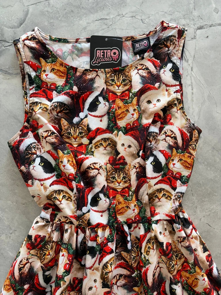 PREORDER - Cats in Santa Hats Vintage Dress - Estimated dispatch 29th of October