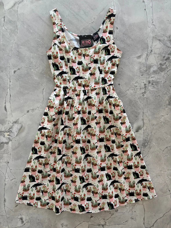 PREORDER - Cats & Plants Fit & Flare Dress - Estimated dispatch 12th of November