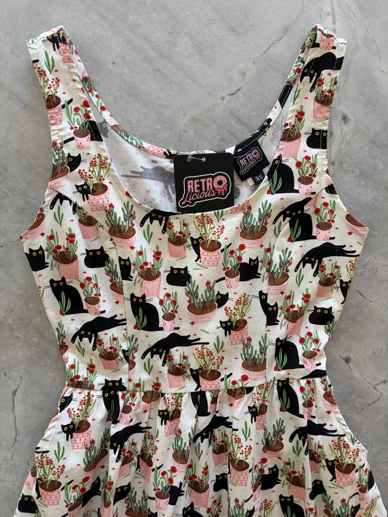 PREORDER - Cats & Plants Fit & Flare Dress - Estimated dispatch 12th of November