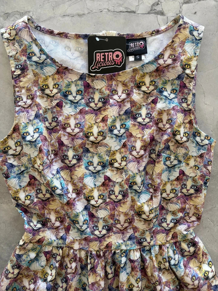 PREORDER - Colourful Cats Vintage Dress- Estimated dispatch 12th of November