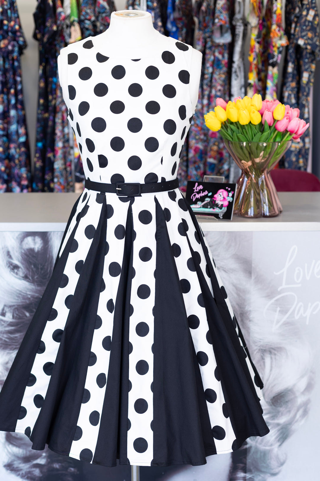 Judith Black and White Polka Dot Pleated Dress