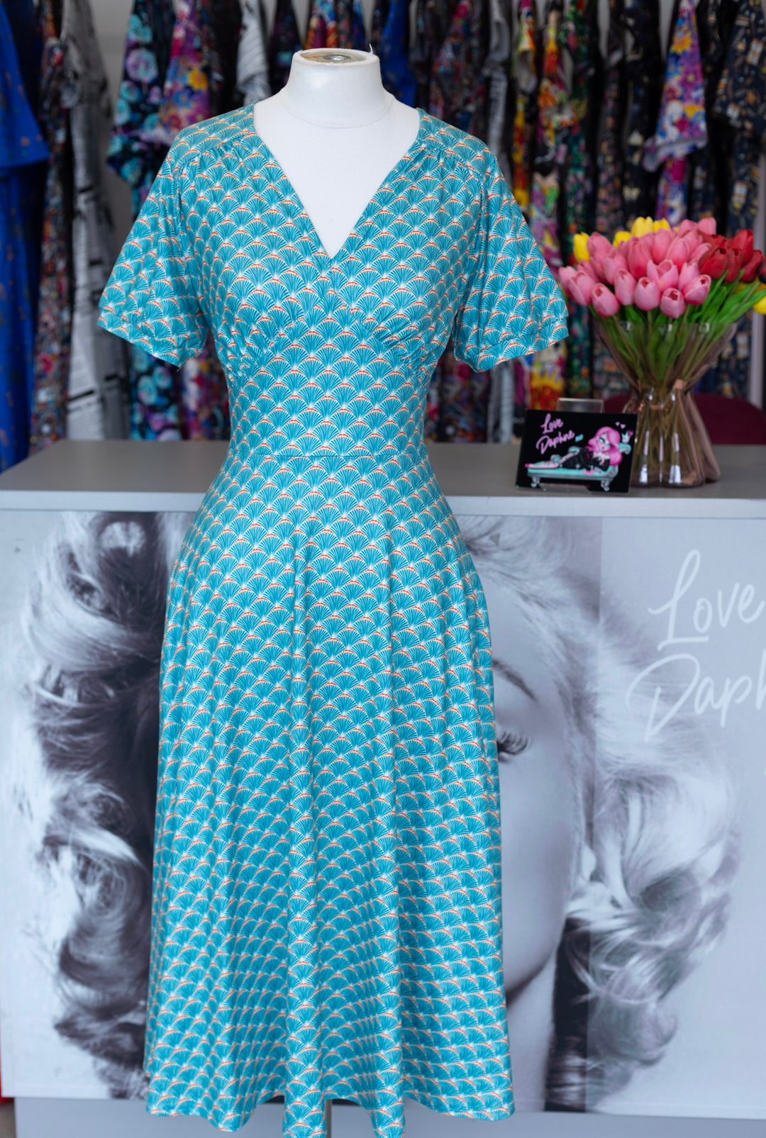 PREORDER - Julia Teal Blue Fanburst Tea Dress - Estimated dispatch 15th of July
