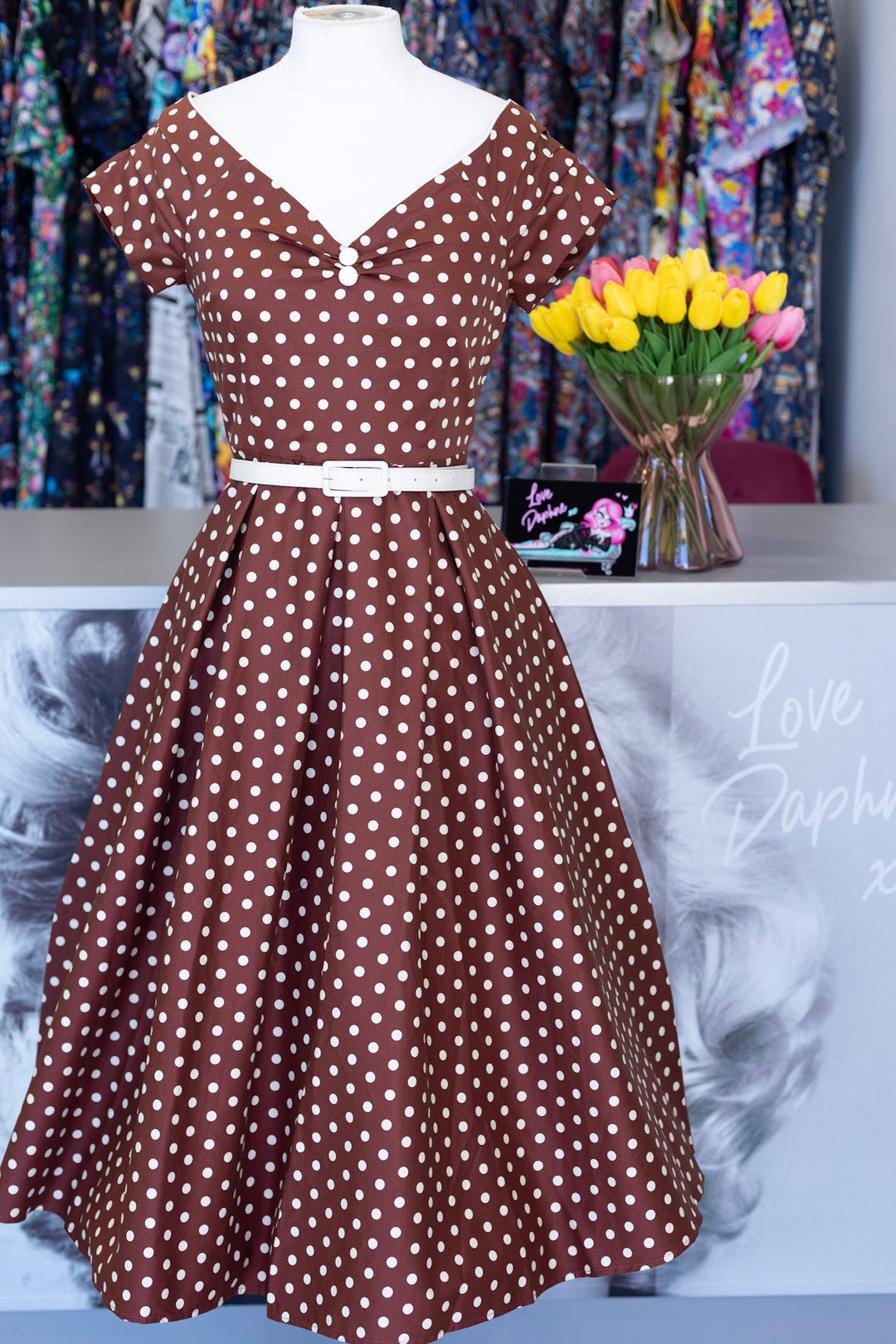 Lily Brown and White Polka Swing Dress