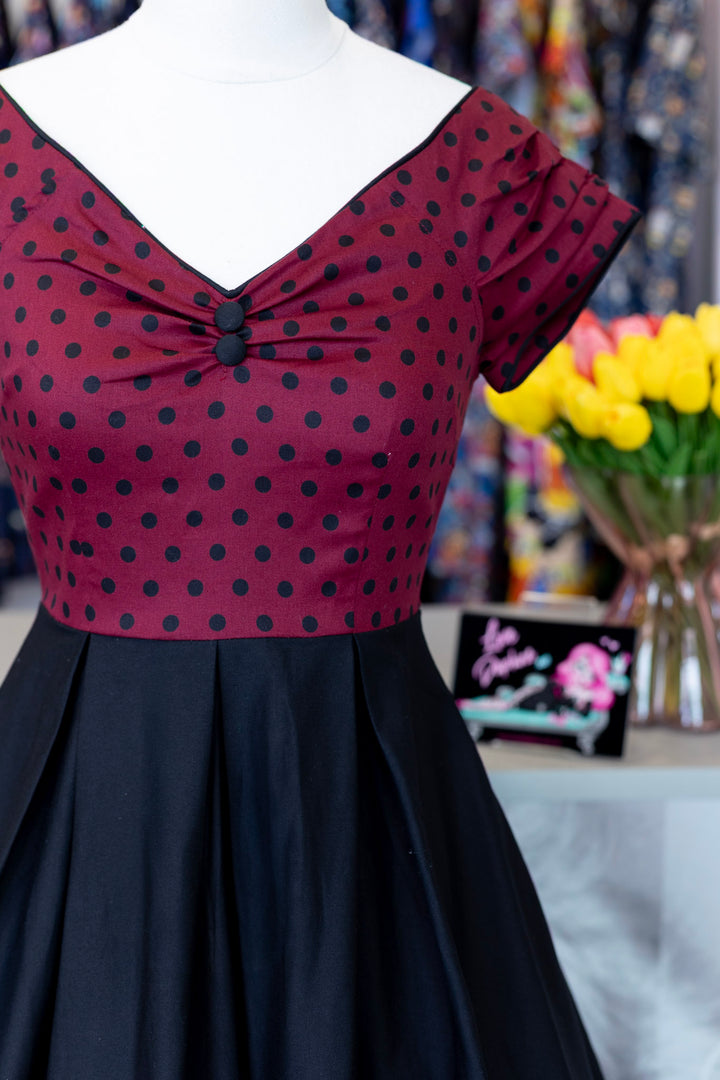 PREORDER - Lily Burgundy Polka Dot Swing Dress - Expected dispatch date 27th of October