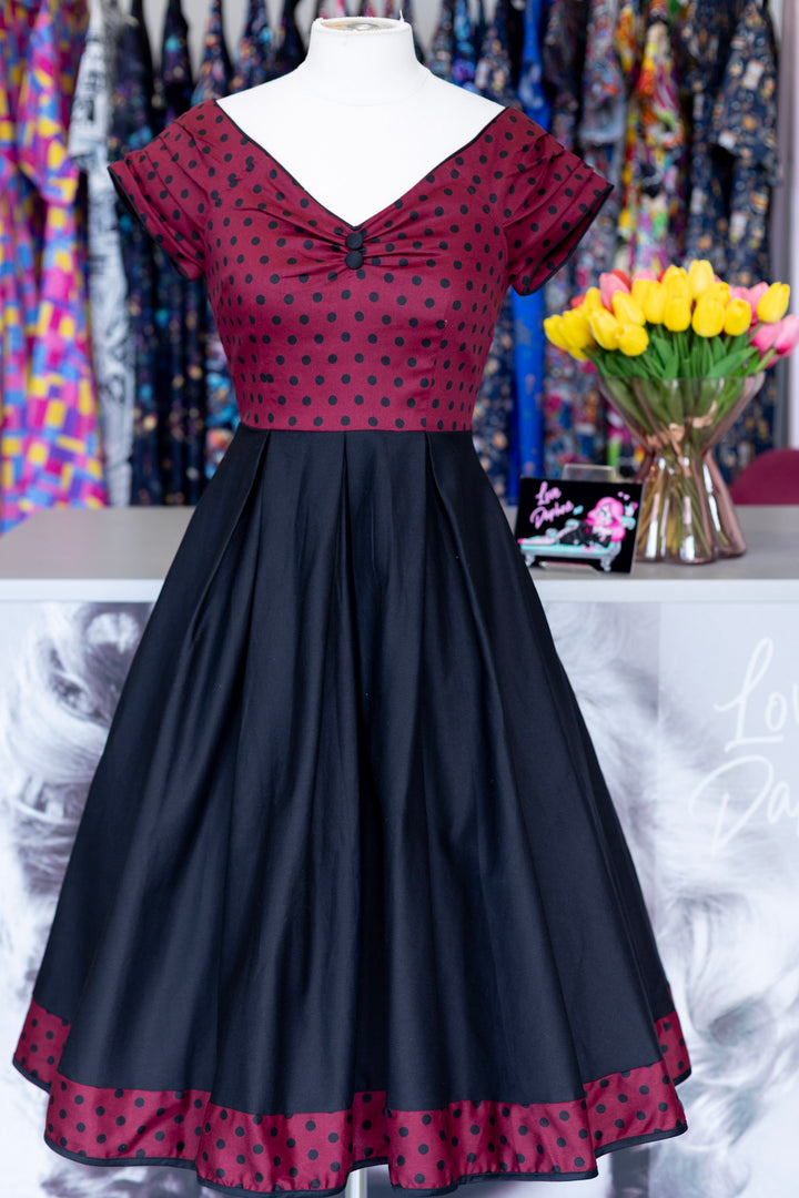 PREORDER - Lily Burgundy Polka Dot Swing Dress - Expected dispatch date 27th of October