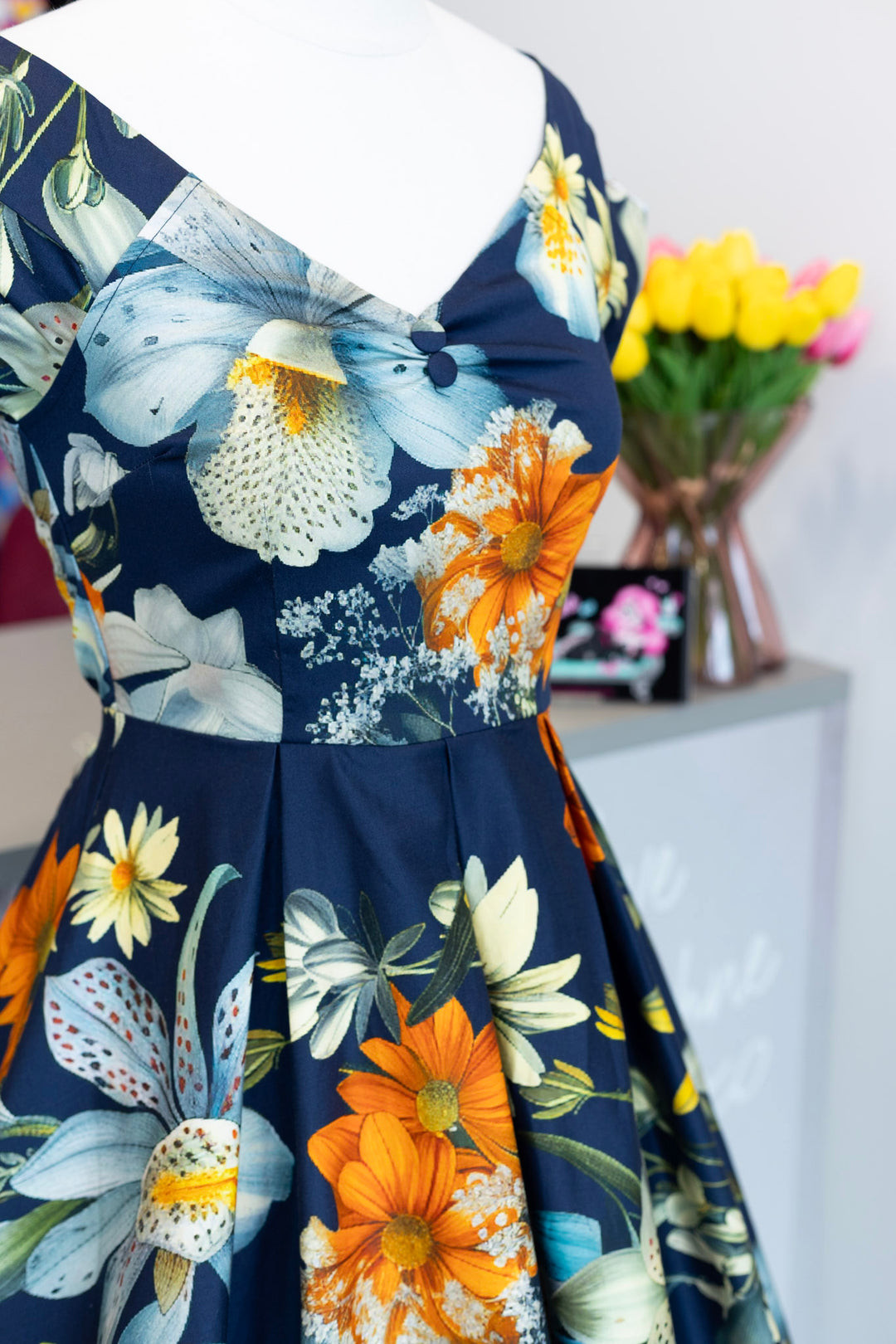Lily Dress in Navy Tropical Floral
