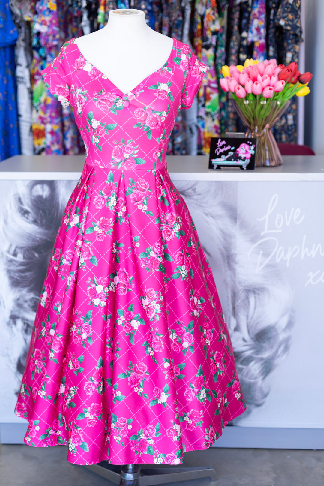 Lily 50s Inspired Rose Grid Dress