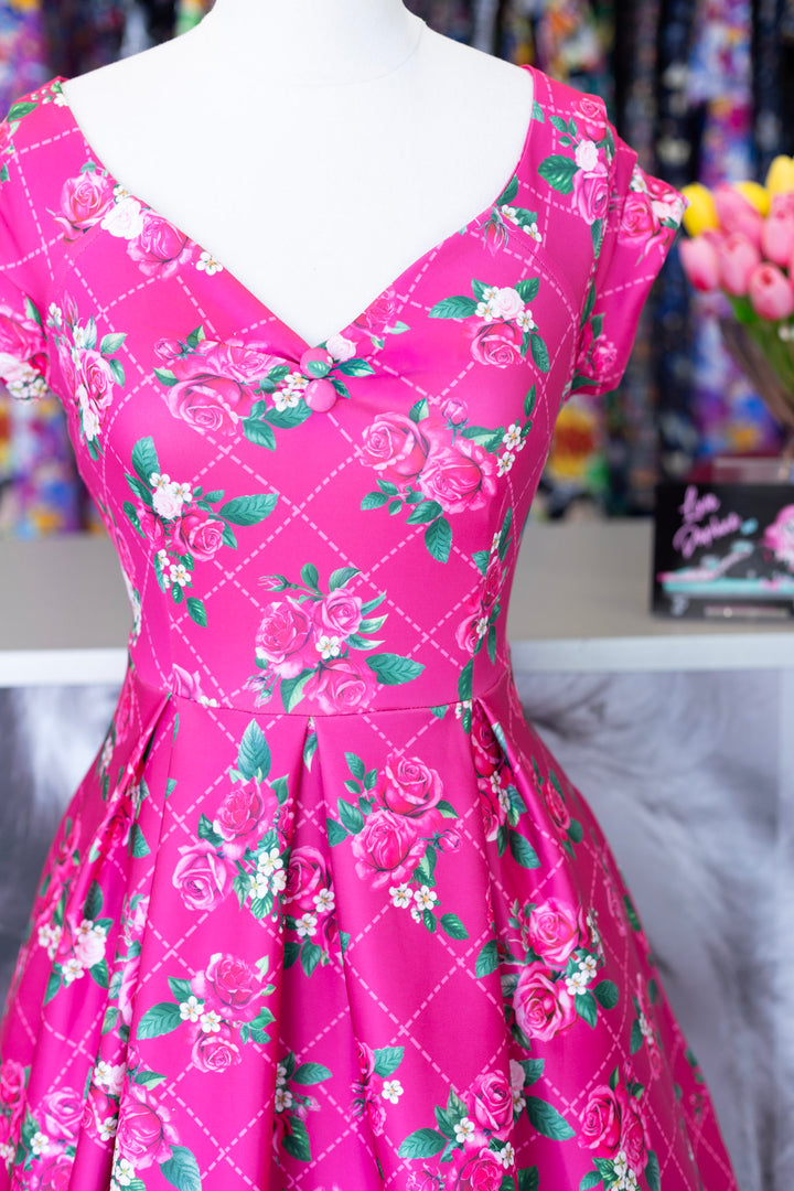 Lily 50s Inspired Rose Grid Dress
