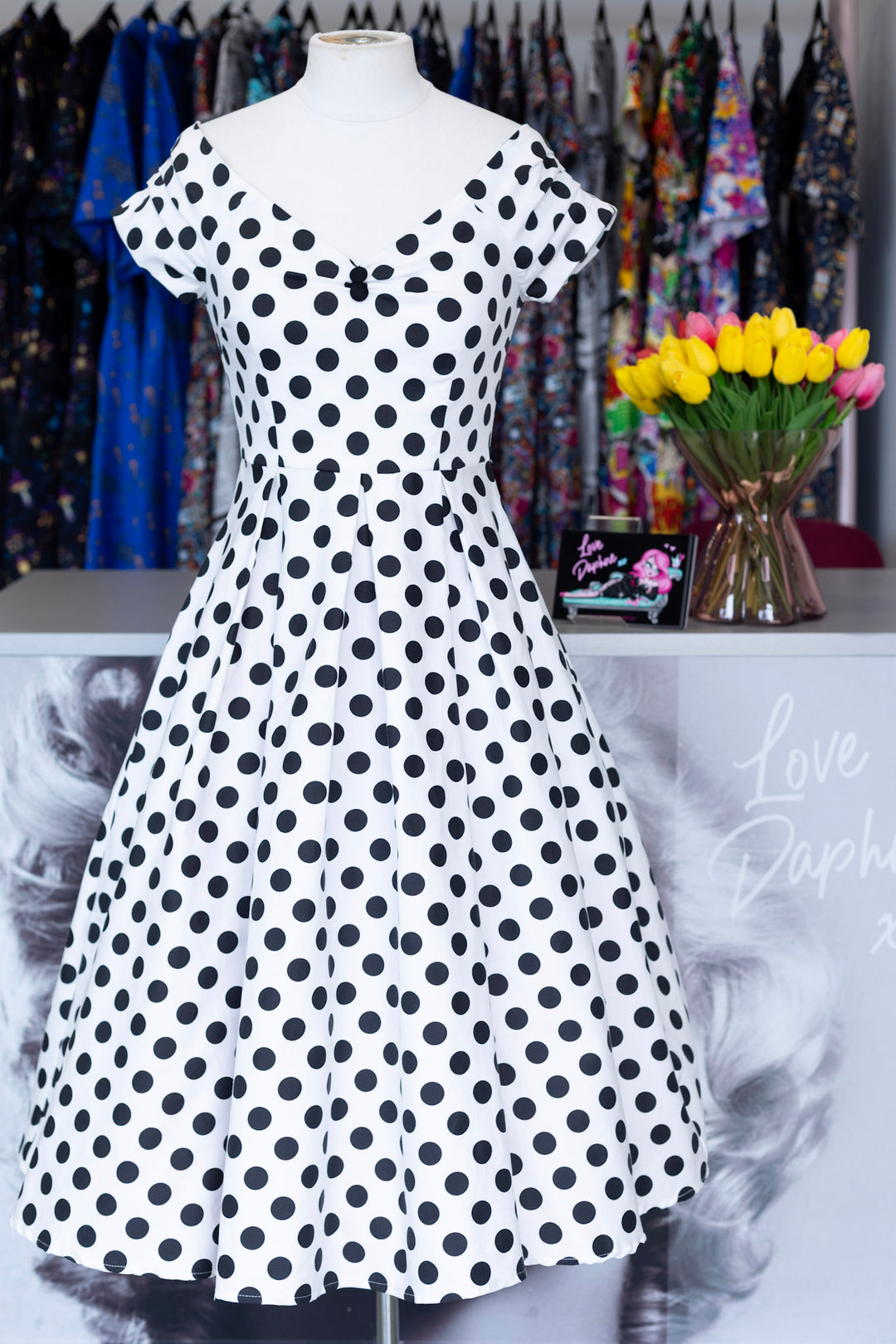 Lily Dress in White and Black Polka