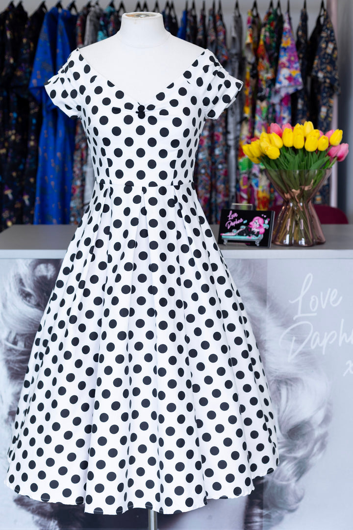 Lily Dress in White and Black Polka