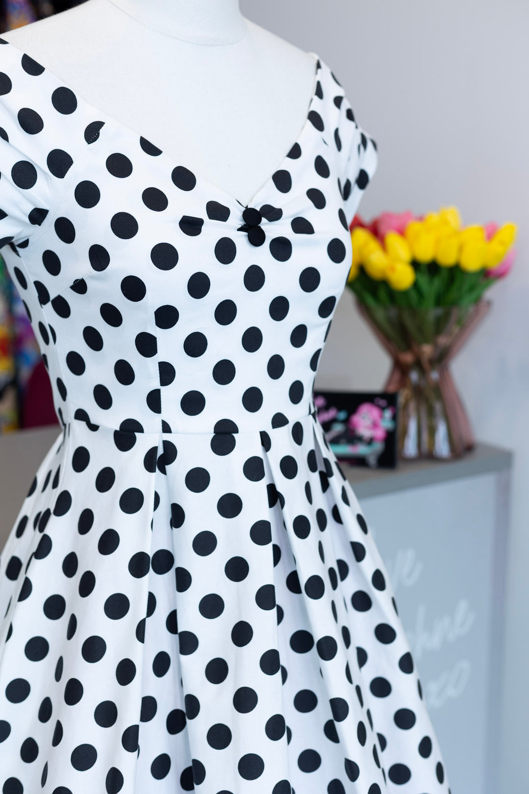 Lily Dress in White and Black Polka