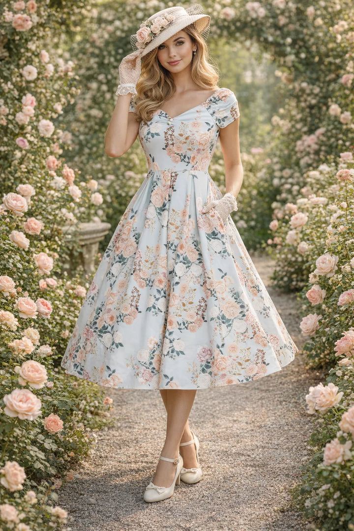 Lily 50s Style Floral in Mint Dress