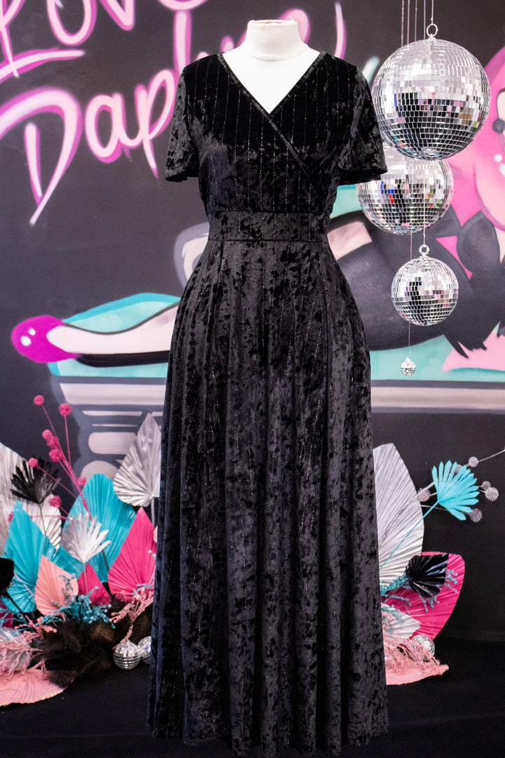 Lyra Maxi Dress - Black Glitter Stripe Velvet