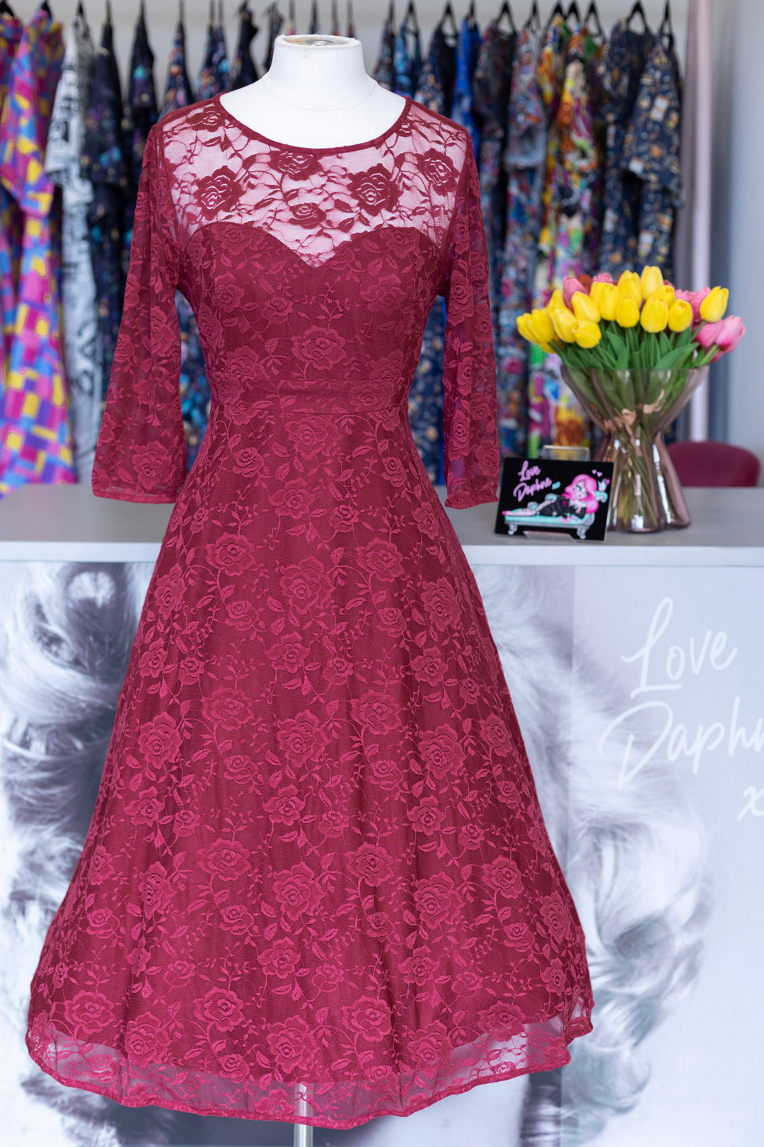 Madeline Long Sleeve Lace Dress in Burgundy