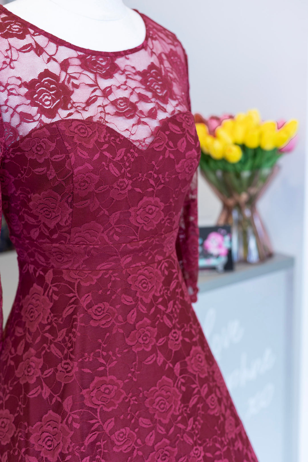 Madeline Long Sleeve Lace Dress in Burgundy