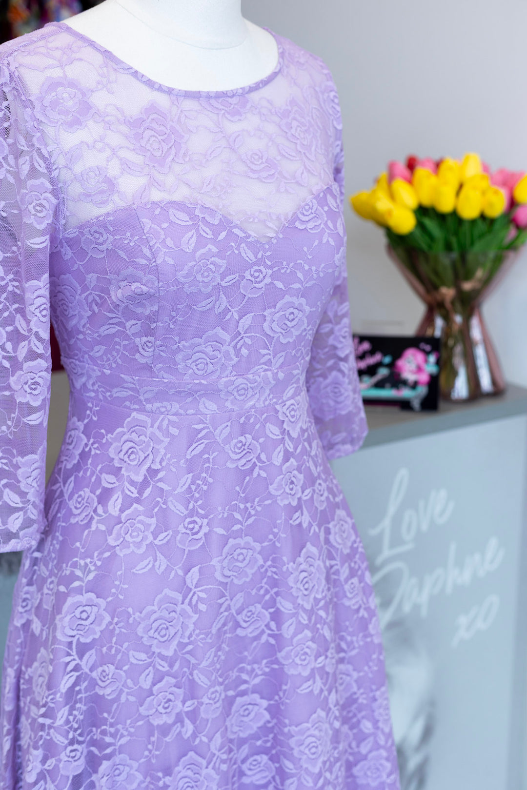 Madeline Long Sleeve Lace Dress in Lilac