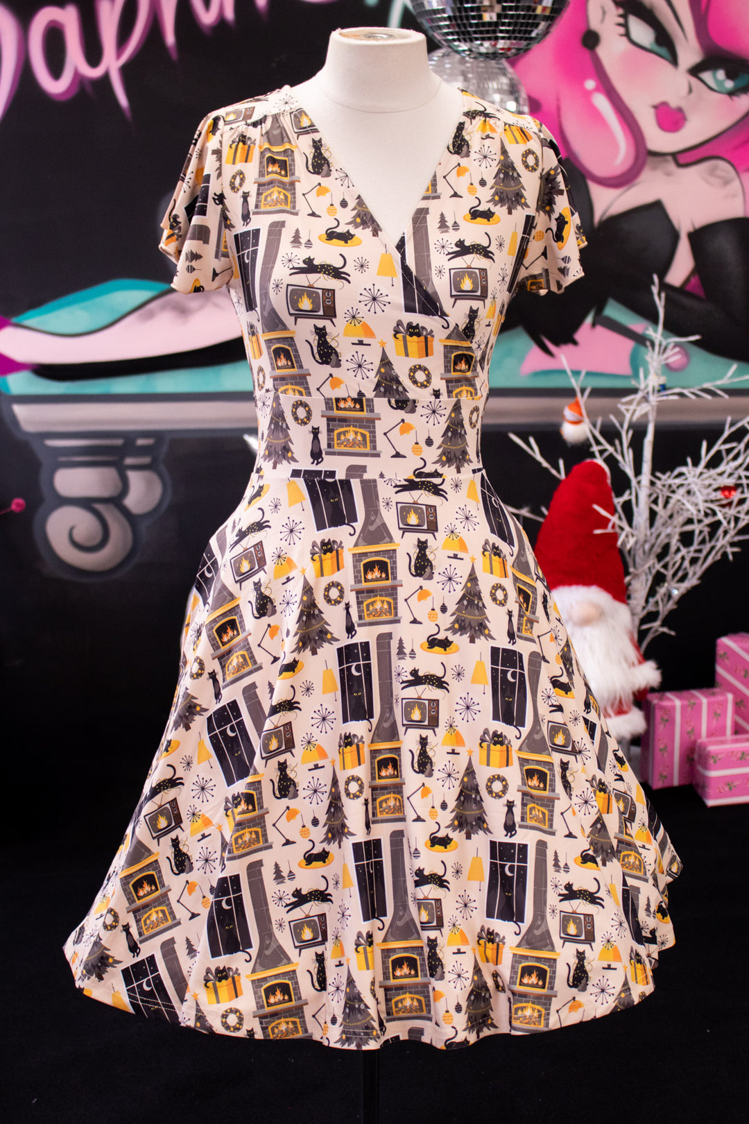 PREORDER - Maeve Swing Dress - Retro Cats Christmas - Estimate dispatch 10th of December