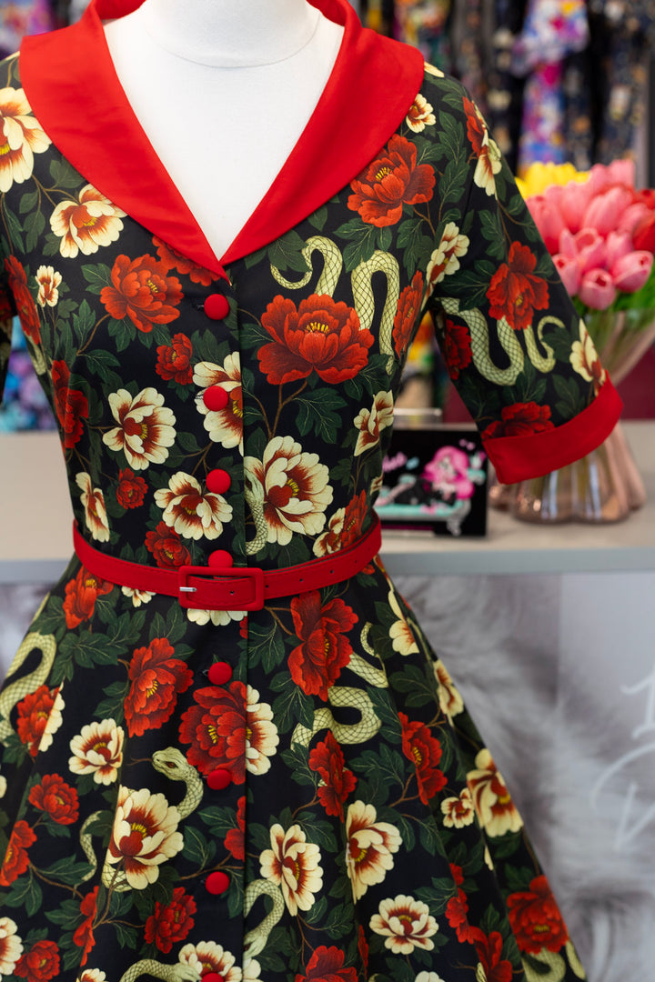 PREORDER - Mollie Black Snake & Rose Shirt Dress - Expected dispatch 8th of July