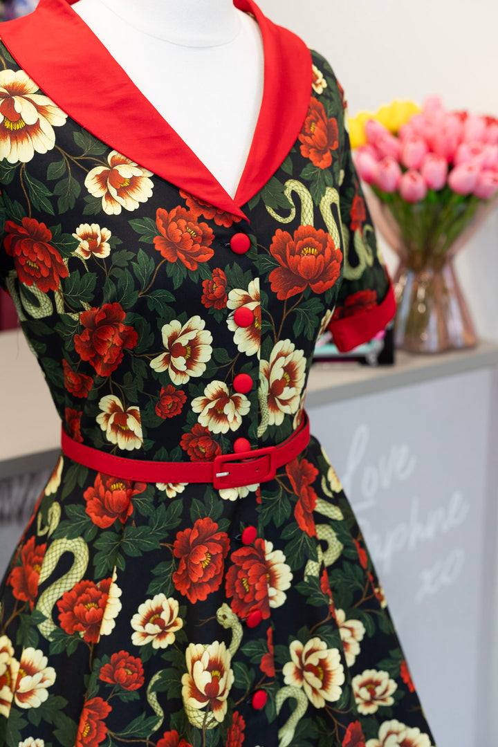 PREORDER - Mollie Black Snake & Rose Shirt Dress - Expected dispatch 8th of July